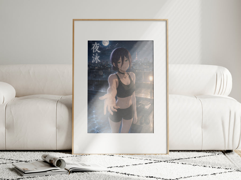 Reze Night Swim Chainsaw Man Anime Poster Moonlit City Pool Art Print