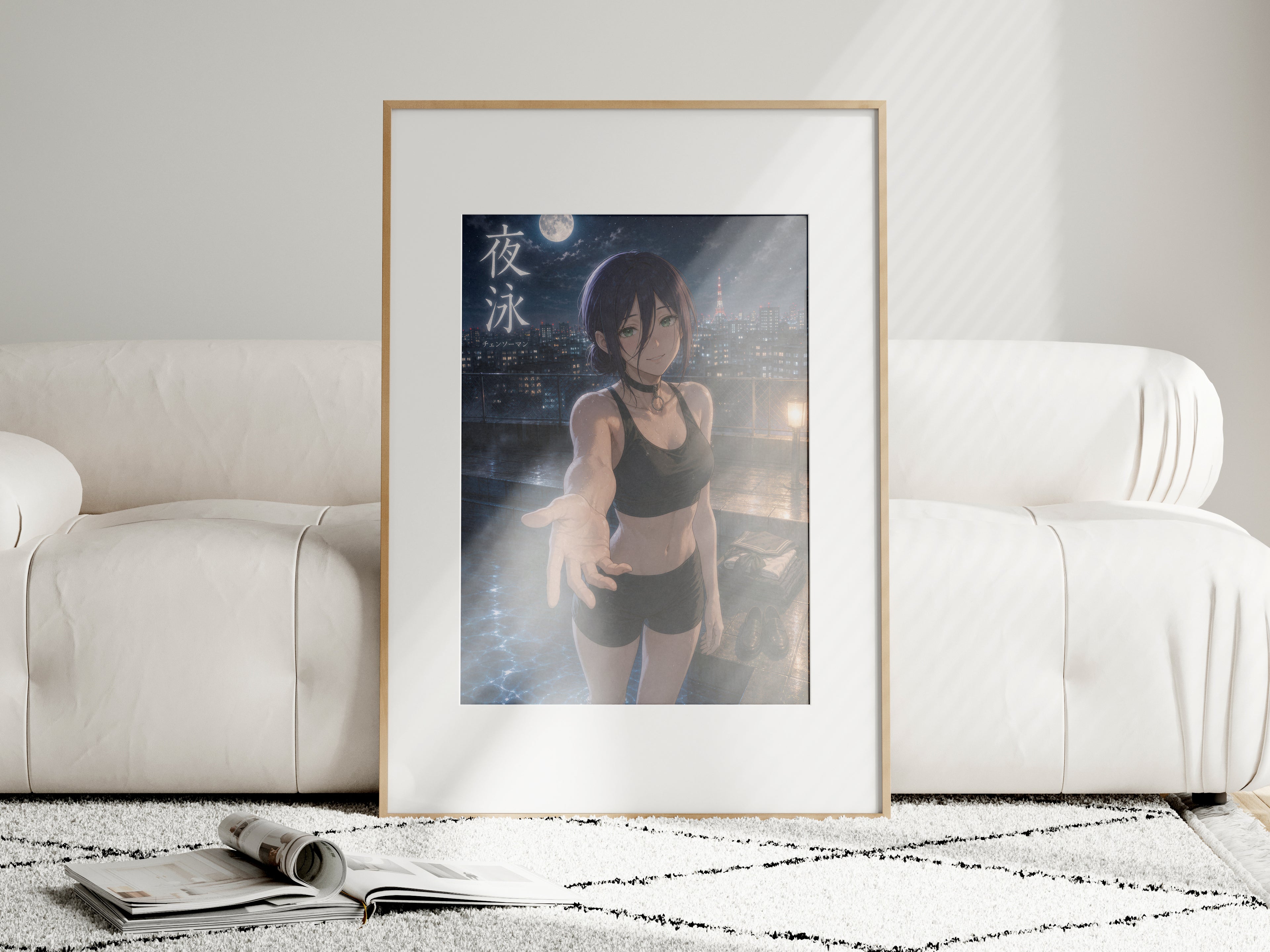 Reze Night Swim Chainsaw Man Anime Poster Moonlit City Pool Art Print