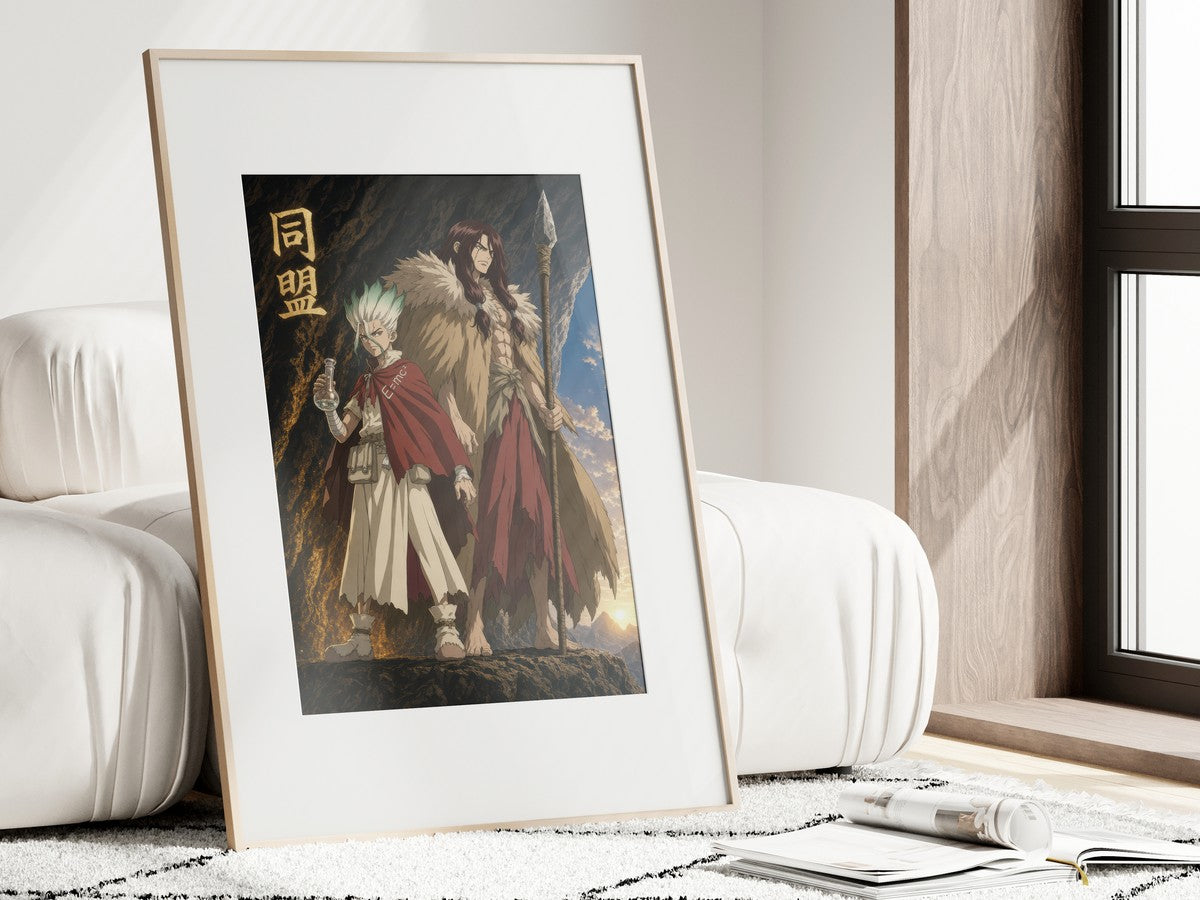 Framed poster above a desk