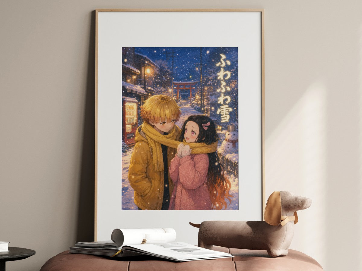 Demon Slayer Zenitsu Nezuko Dreamy Snow Scarf Anime Poster