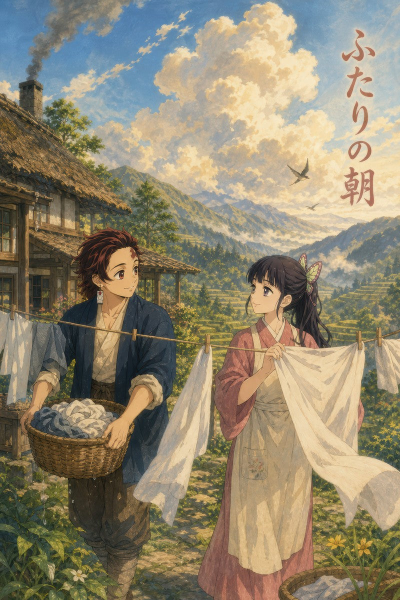Demon Slayer Tanjiro Kanao Ghibli Morning Laundry Anime Poster