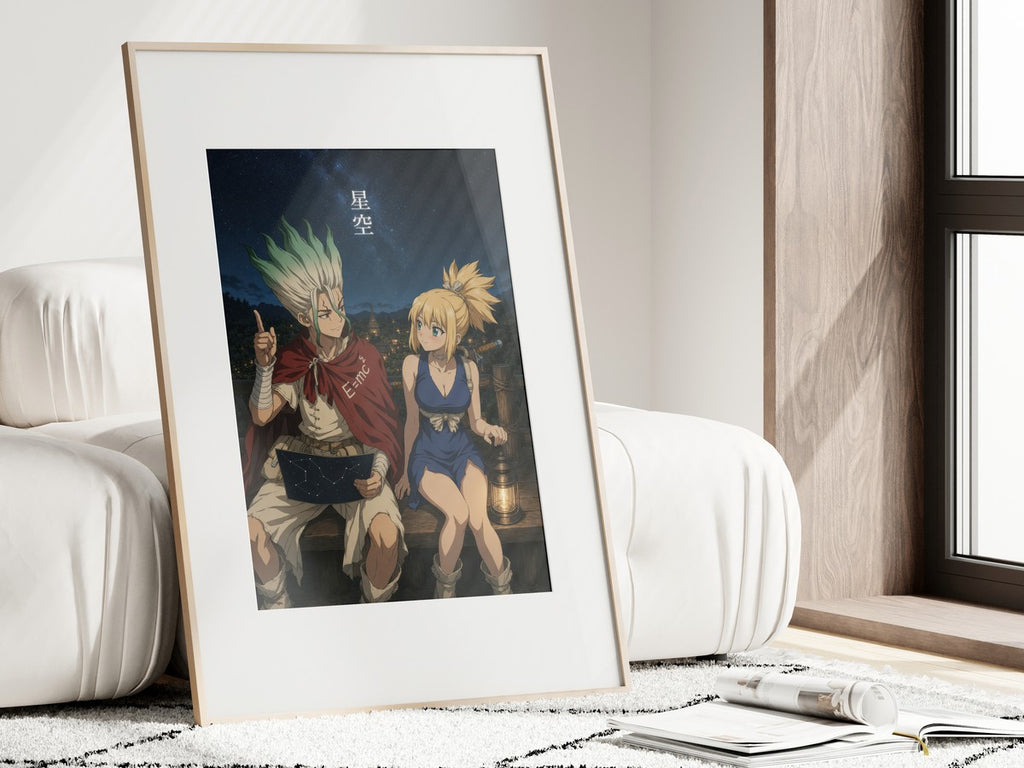 Framed poster above a desk