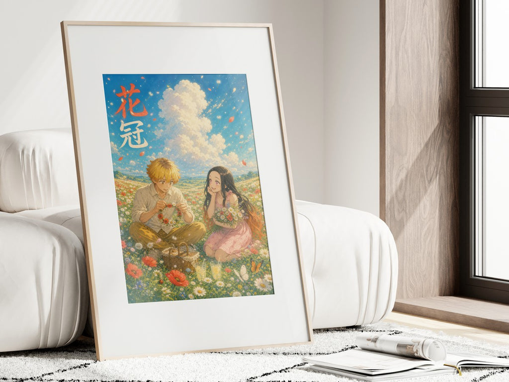 Demon Slayer Zenitsu Nezuko Dreamy Flower Crown Anime Poster
