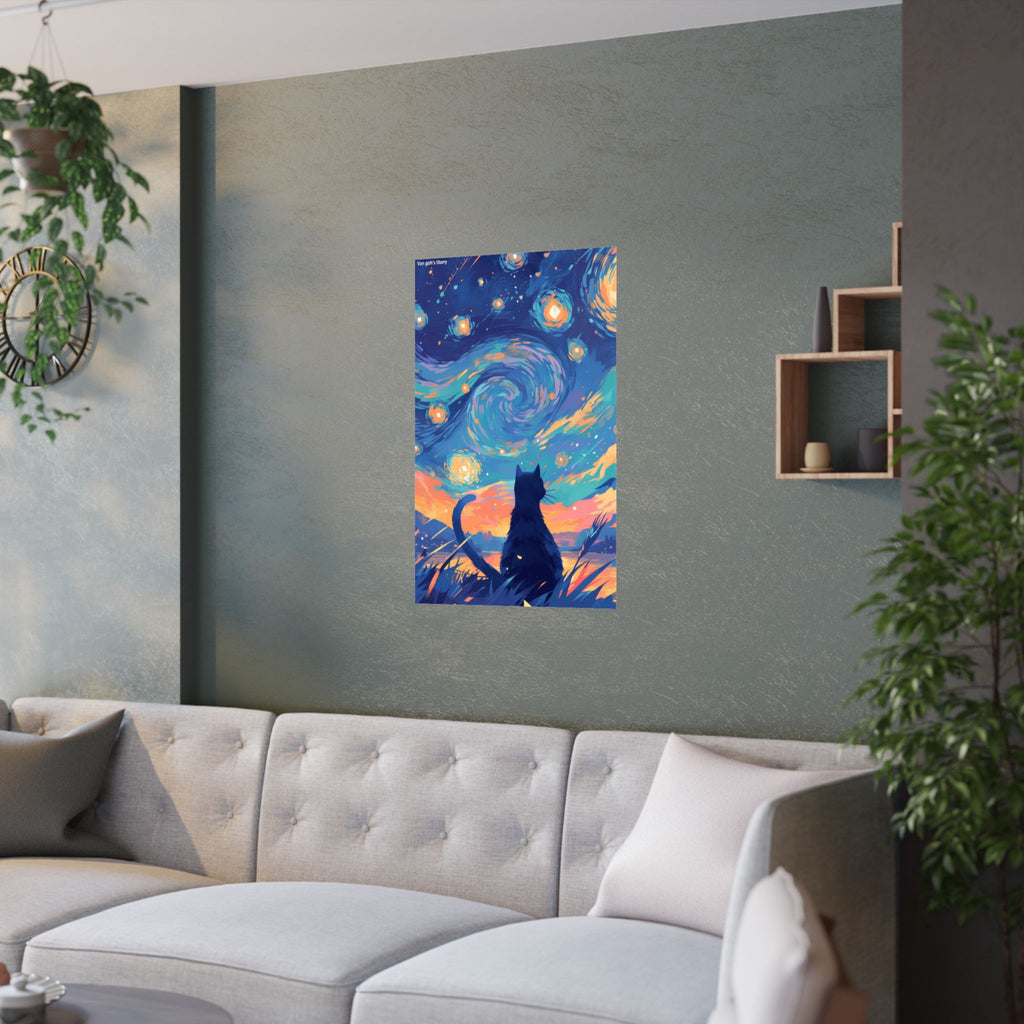 Black Cat Starry Night Cat Anime Poster