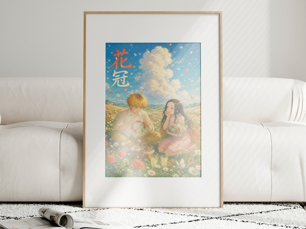 Demon Slayer Zenitsu Nezuko Dreamy Flower Crown Anime Poster