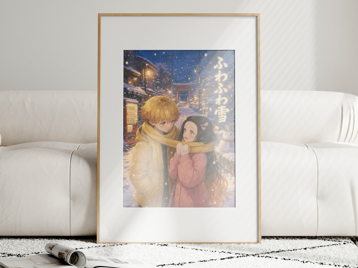 Demon Slayer Zenitsu Nezuko Dreamy Snow Scarf Anime Poster