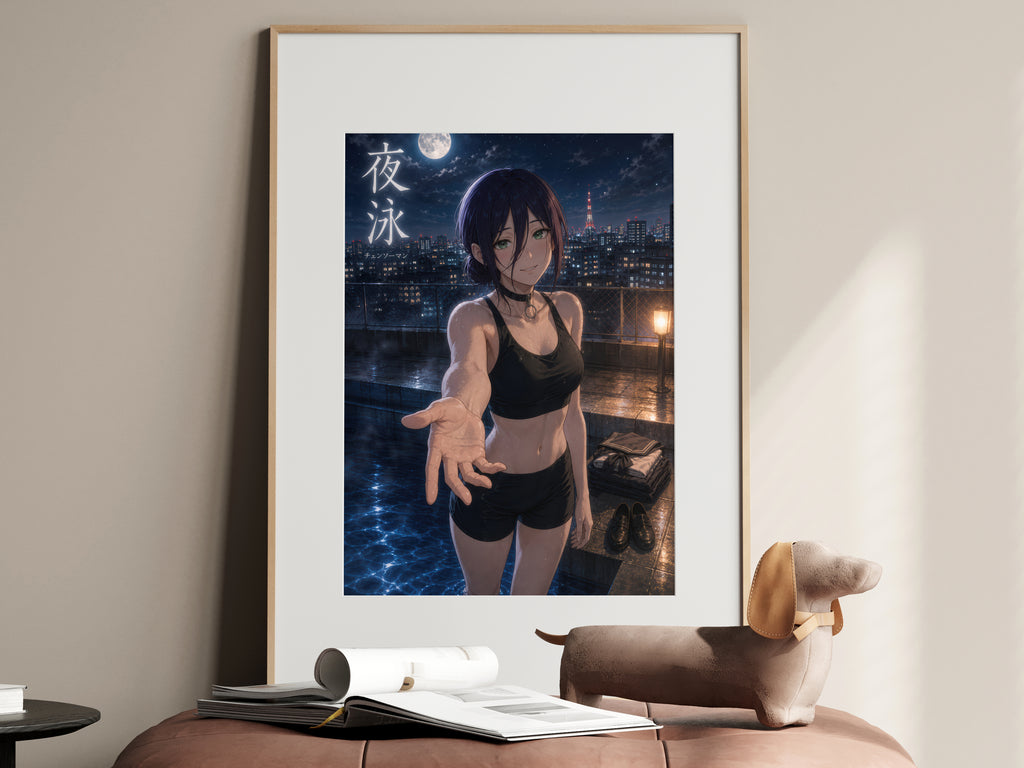 Reze Night Swim Chainsaw Man Anime Poster Moonlit City Pool Art Print