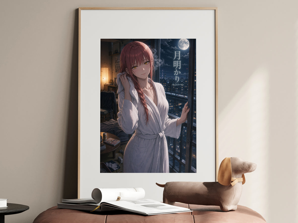 Makima Moonlight Bath Chainsaw Man Anime Poster Night Bathroom Art Print