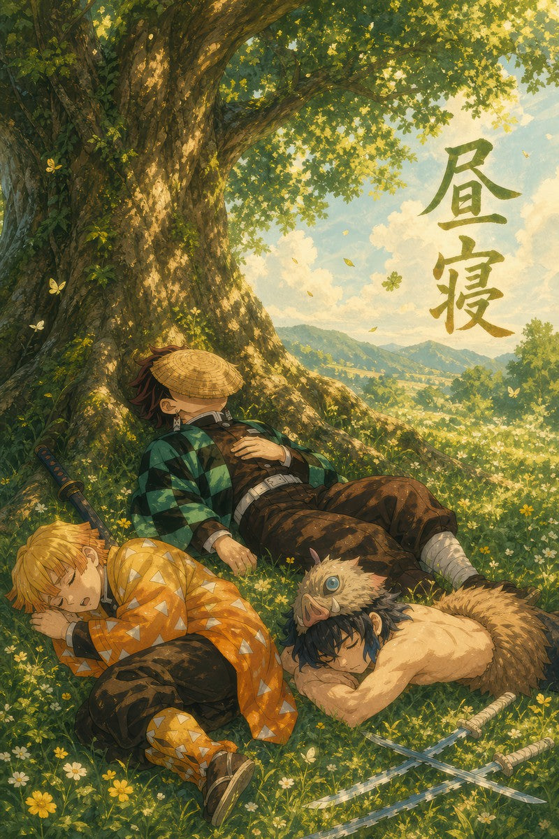 Demon Slayer Trio Napping Miyazaki Camphor Tree Anime Poster