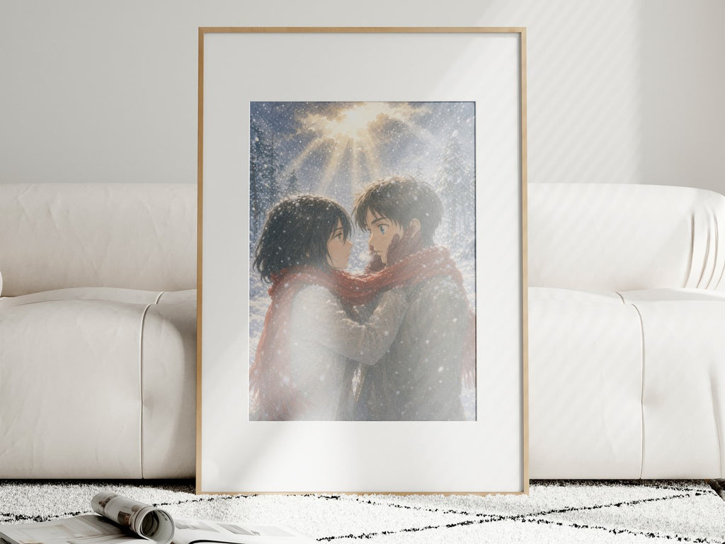 Attack on Titan Mik01Snow Mikasa Eorn Snow Embrace Watercolor Storybook Romance
