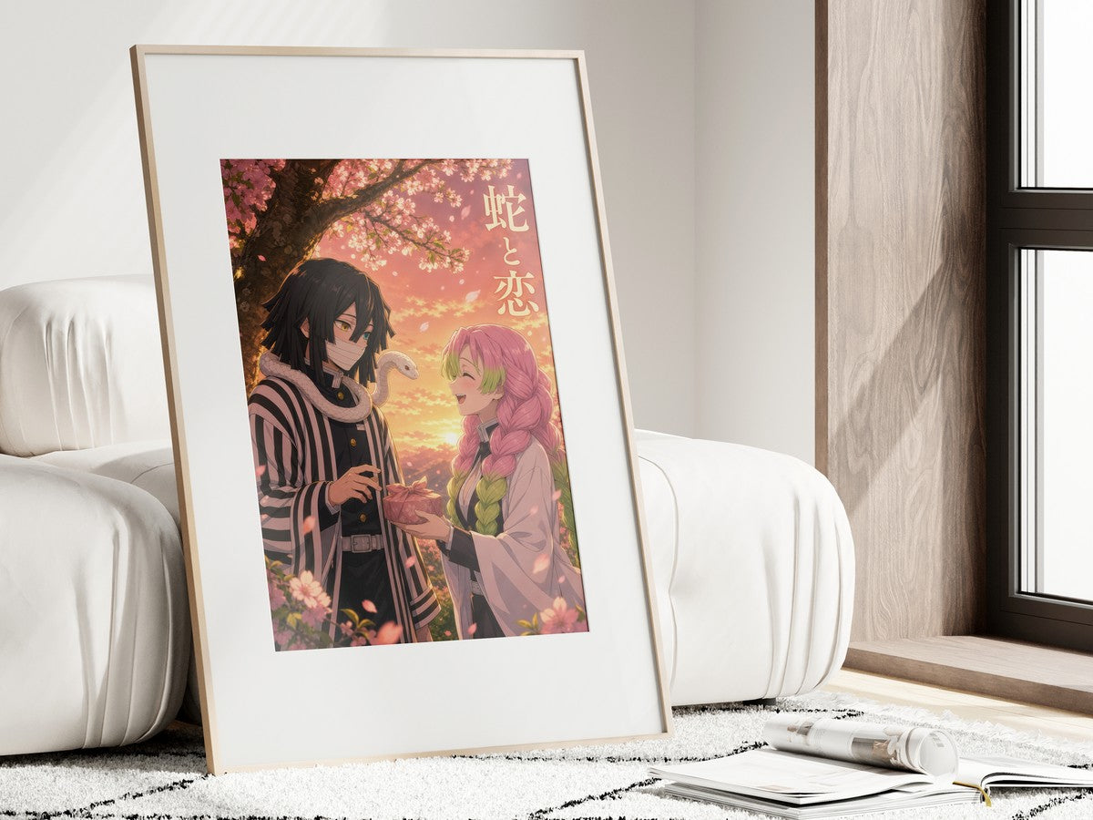 Demon Slayer Obanai Mitsuri Couple Golden Anime Poster