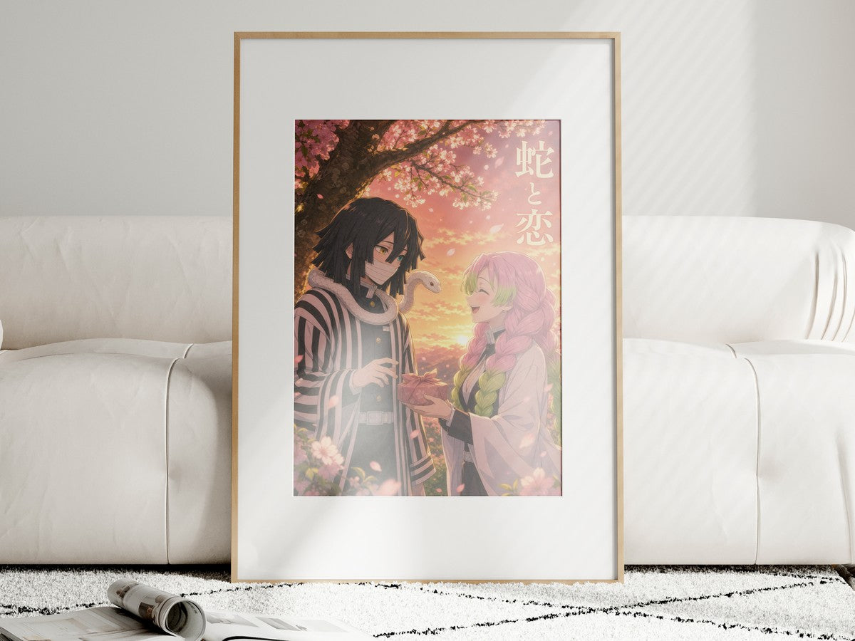 Demon Slayer Obanai Mitsuri Couple Golden Anime Poster
