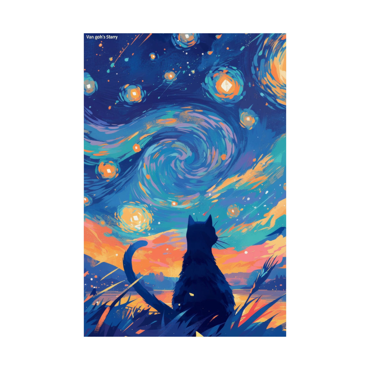 Black Cat Starry Night Cat Anime Poster