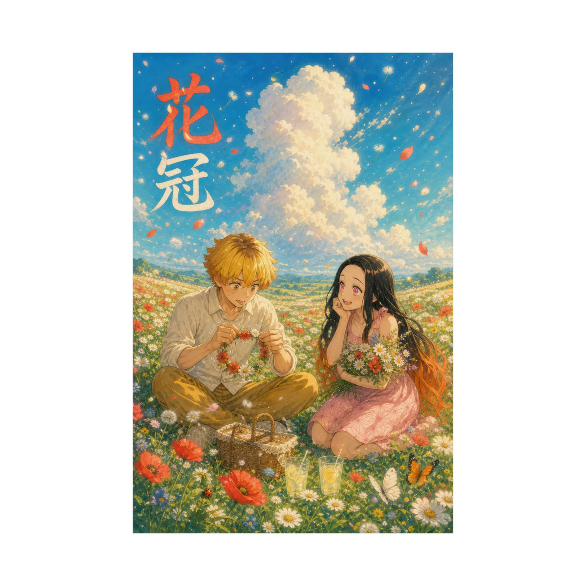 Demon Slayer Zenitsu Nezuko Dreamy Flower Crown Anime Poster
