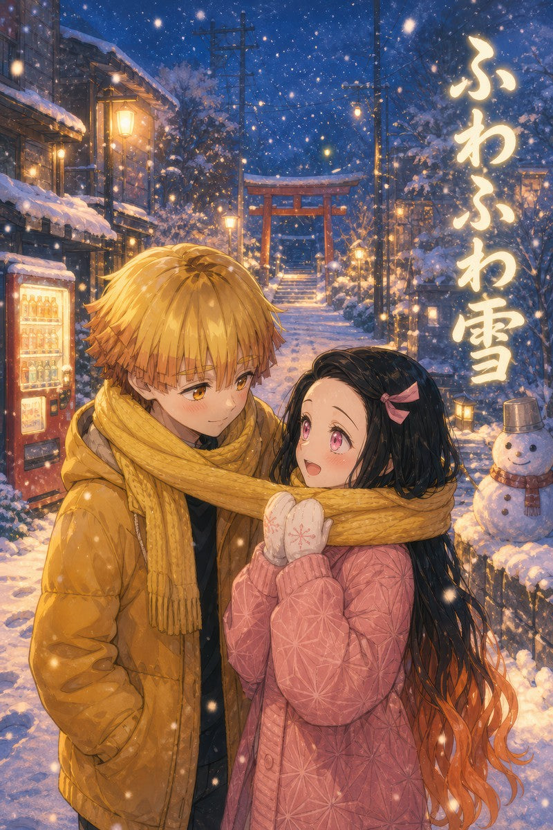 Demon Slayer Zenitsu Nezuko Dreamy Snow Scarf Anime Poster