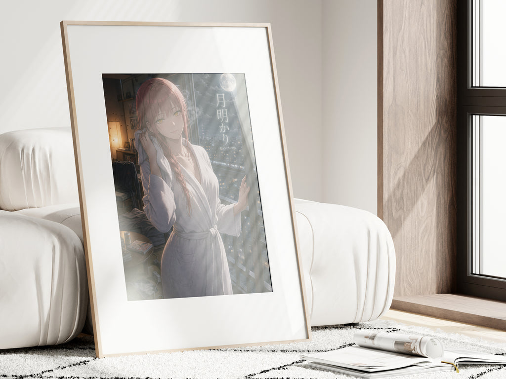 Makima Moonlight Bath Chainsaw Man Anime Poster Night Bathroom Art Print