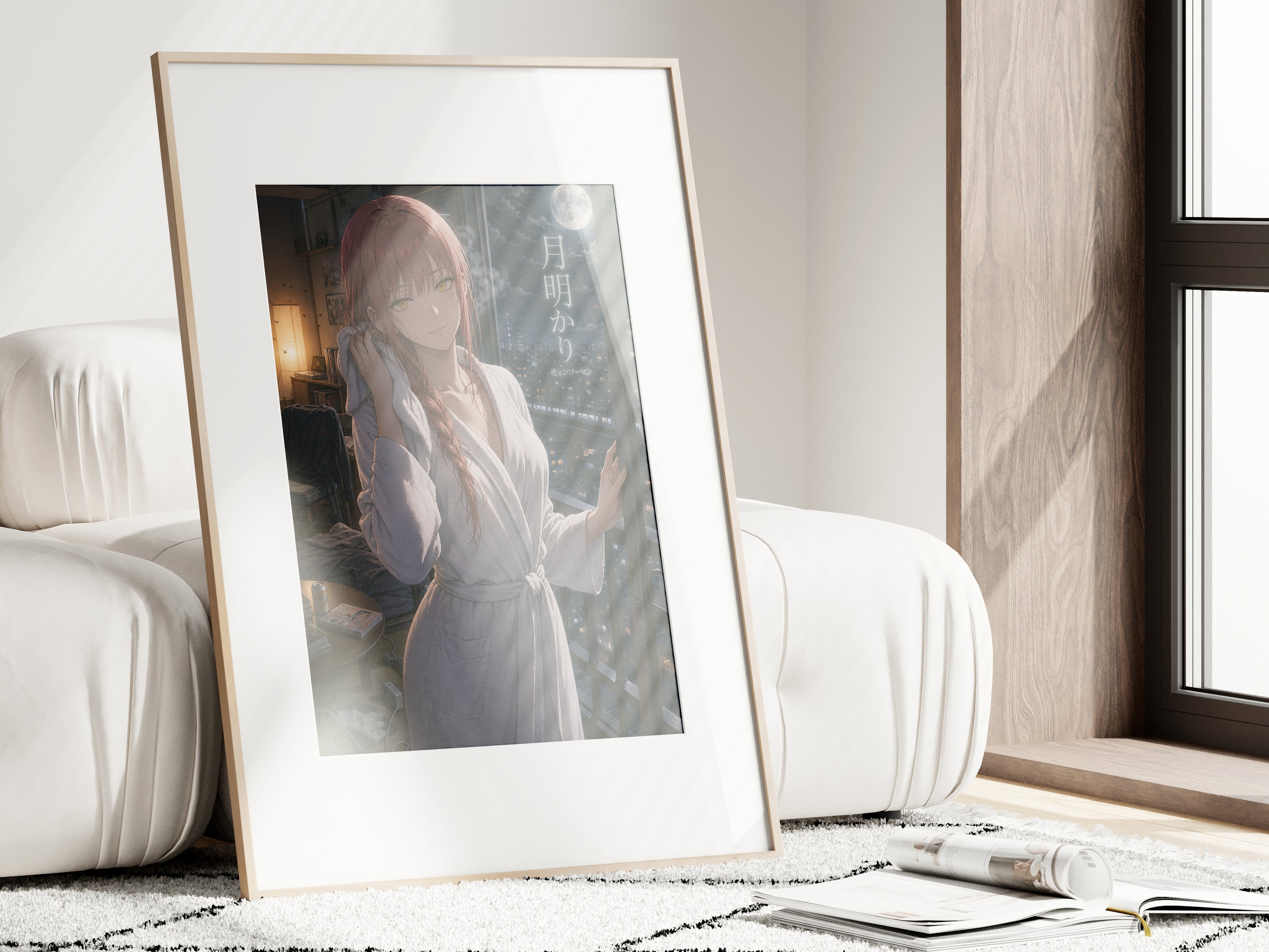 Makima Moonlight Bath Chainsaw Man Anime Poster Night Bathroom Art Print