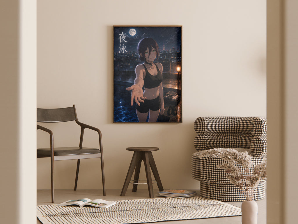 Reze Night Swim Chainsaw Man Anime Poster Moonlit City Pool Art Print