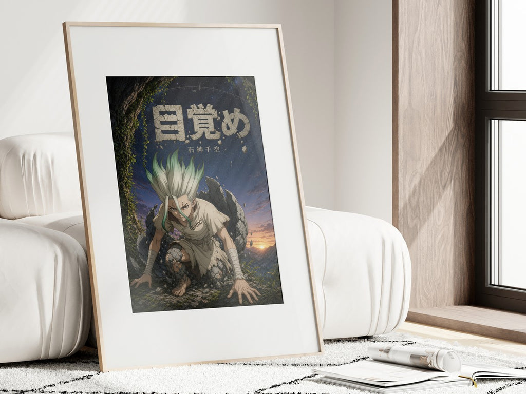Framed poster above a desk