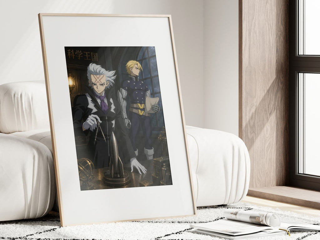 Framed poster above a desk