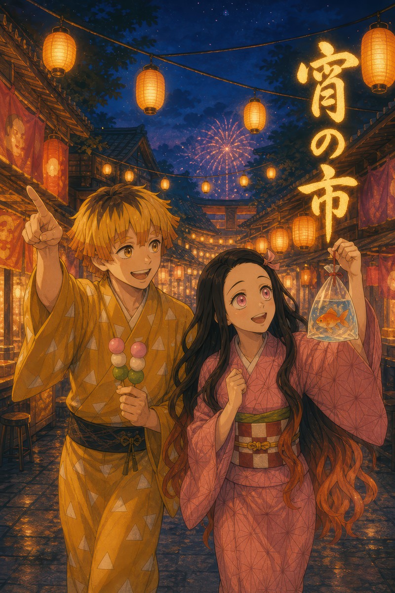 Demon Slayer Zenitsu Nezuko Ghibli Night Market Anime Poster