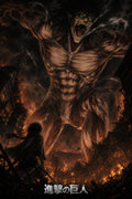 Eren Attack Titan rampaging through a burning city anime poster