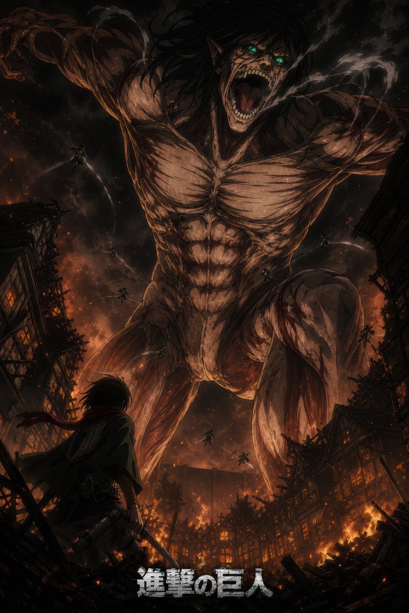 Eren Attack Titan rampaging through a burning city anime poster