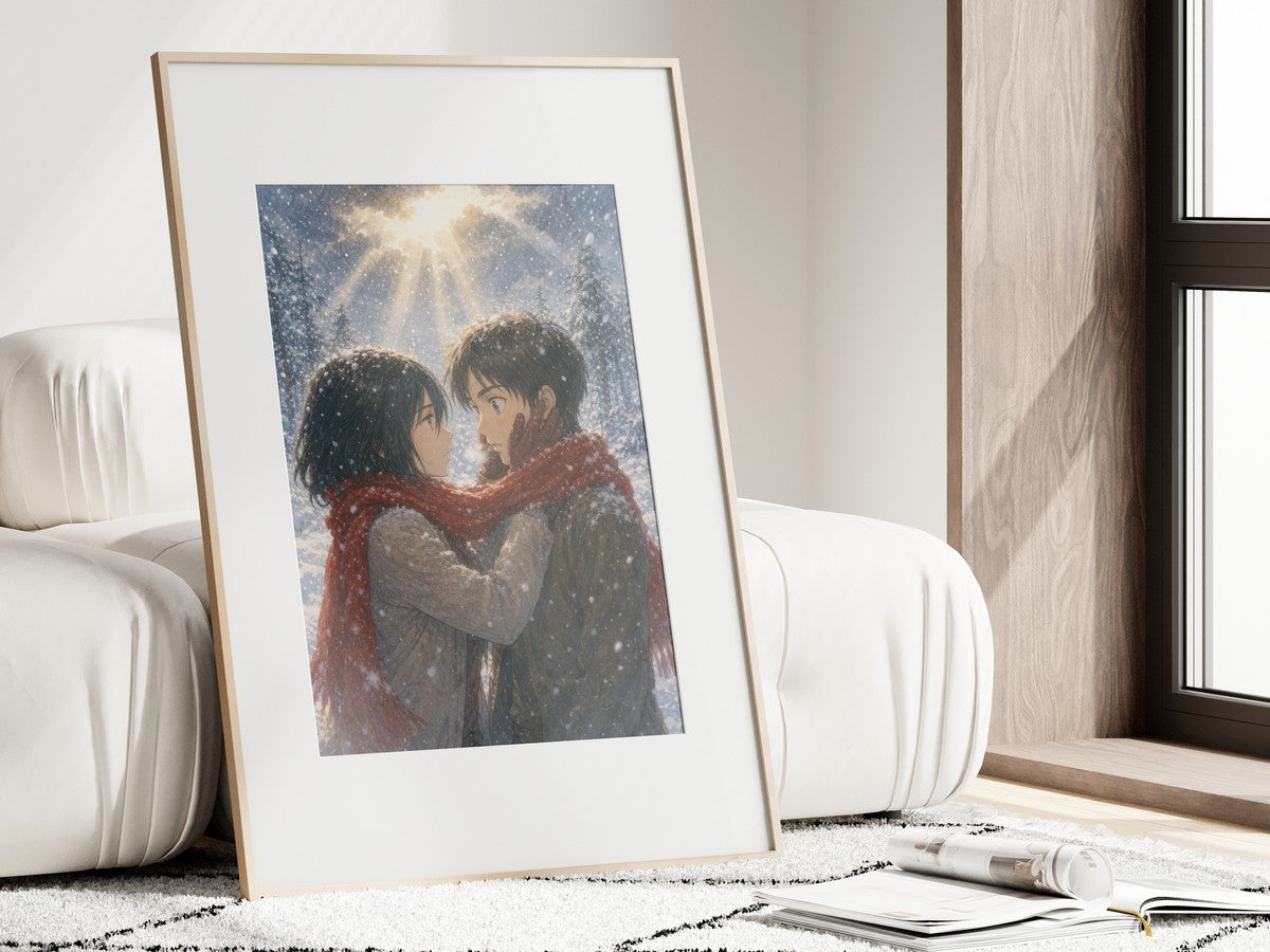Attack on Titan Mik01Snow Mikasa Eorn Snow Embrace Watercolor Storybook Romance