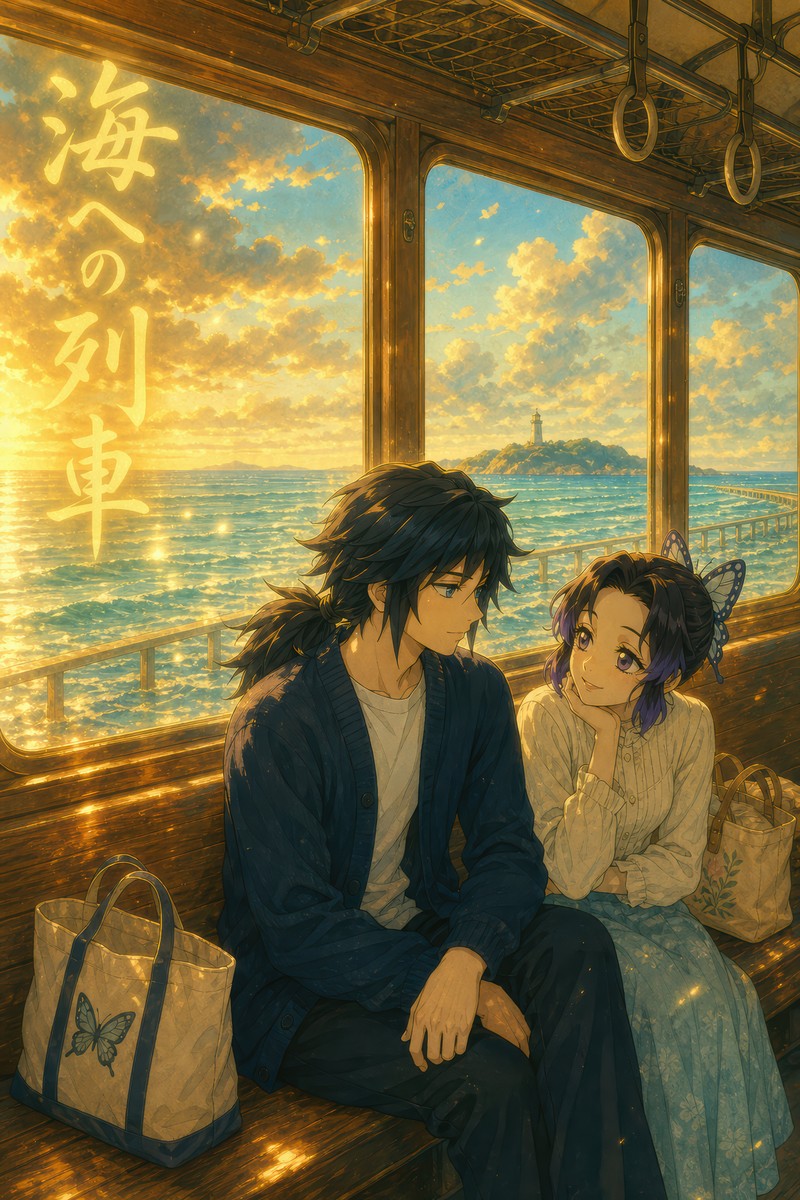 Demon Slayer Giyu Shinobu Dreamy Seaside Train Anime Poster