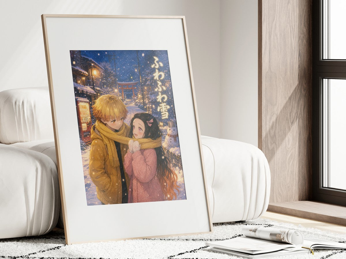 Demon Slayer Zenitsu Nezuko Dreamy Snow Scarf Anime Poster