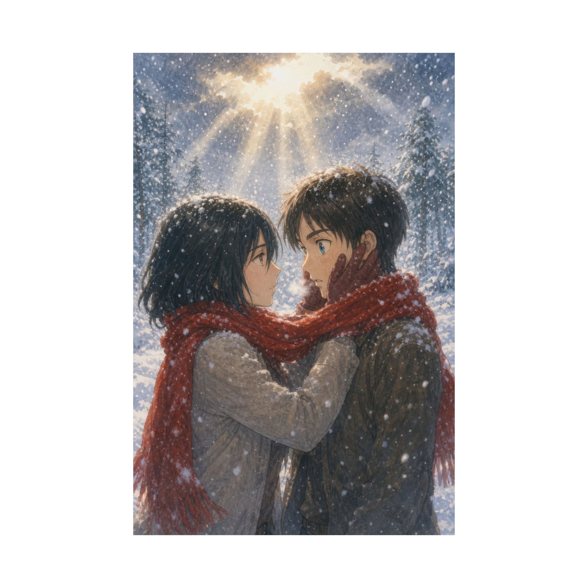 Attack on Titan Mik01Snow Mikasa Eorn Snow Embrace Watercolor Storybook Romance