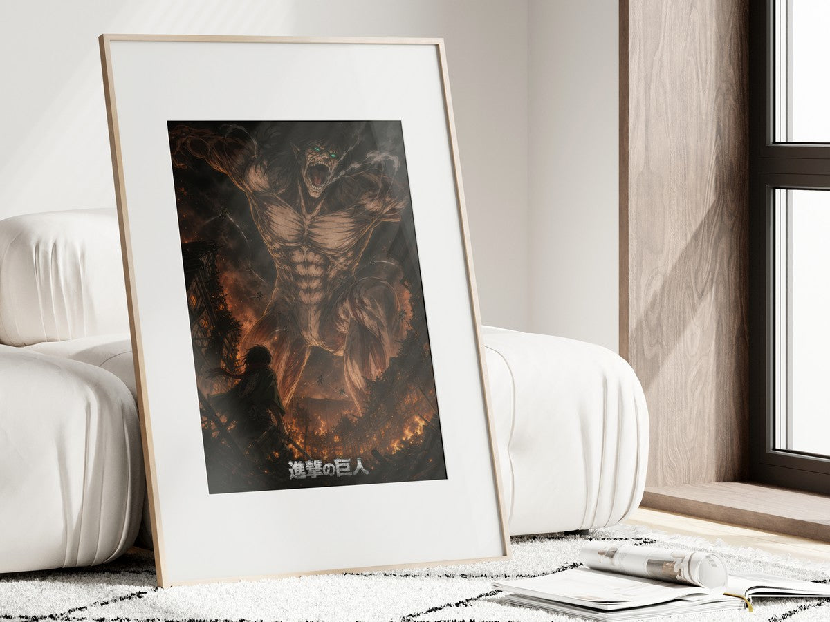 Close view of a framed Eren Attack on Titan poster