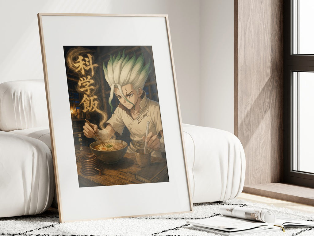 Framed poster above a desk