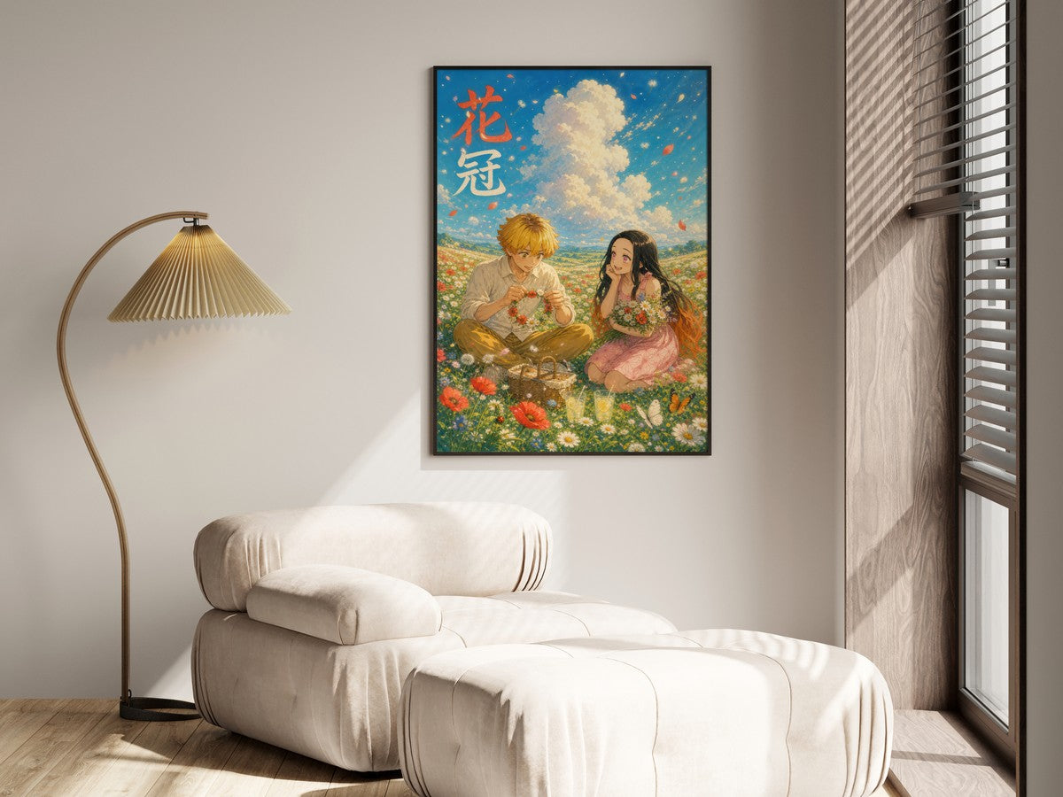 Demon Slayer Zenitsu Nezuko Dreamy Flower Crown Anime Poster