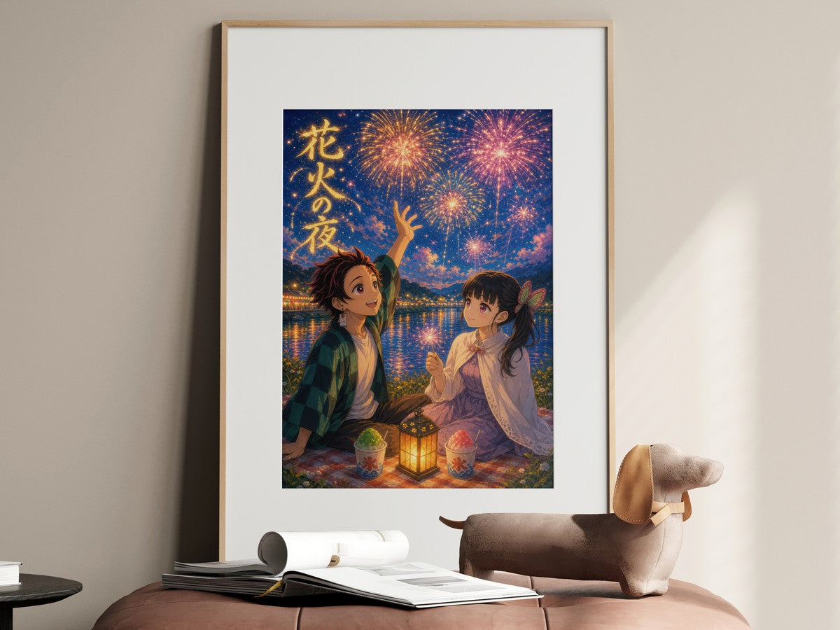 Demon Slayer Tanjiro Kanao Dreamy Fireworks Riverbank Anime Poster