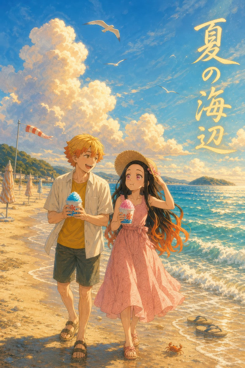 Demon Slayer Zenitsu Nezuko Dreamy Seaside Shaved Ice Anime Poster