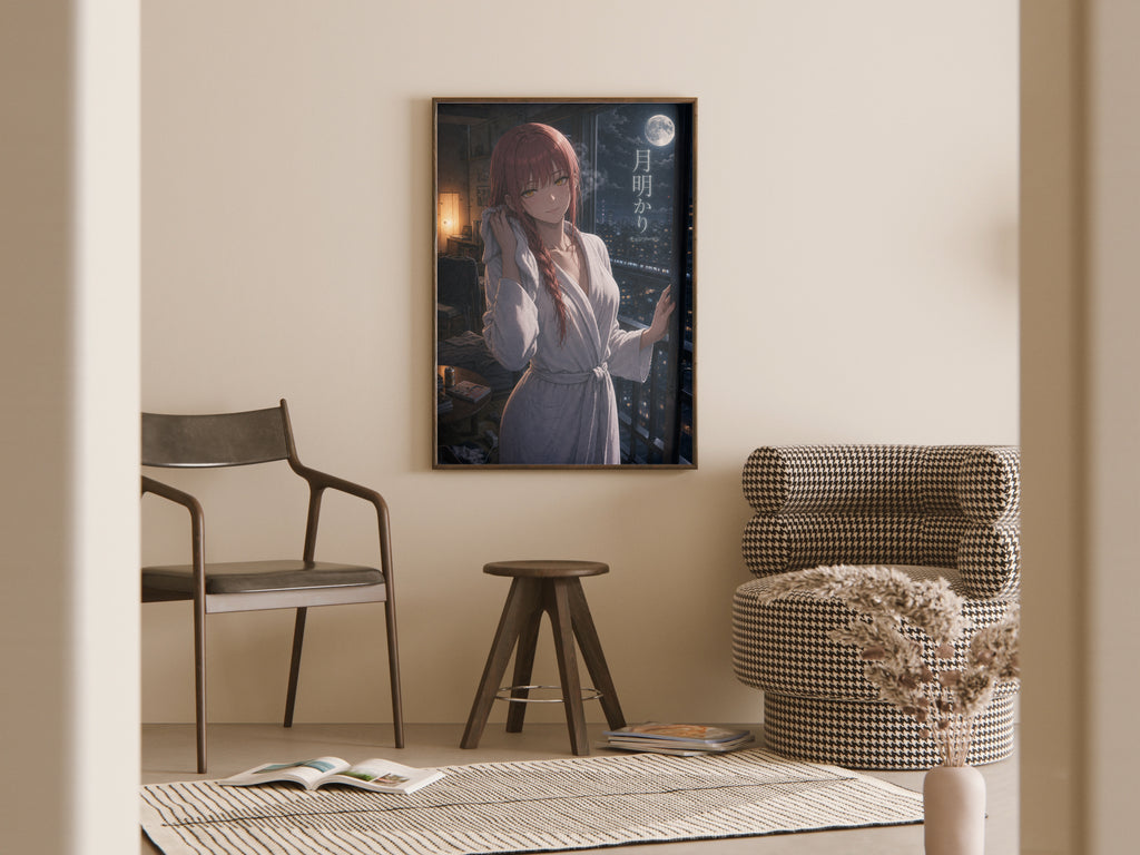 Makima Moonlight Bath Chainsaw Man Anime Poster Night Bathroom Art Print