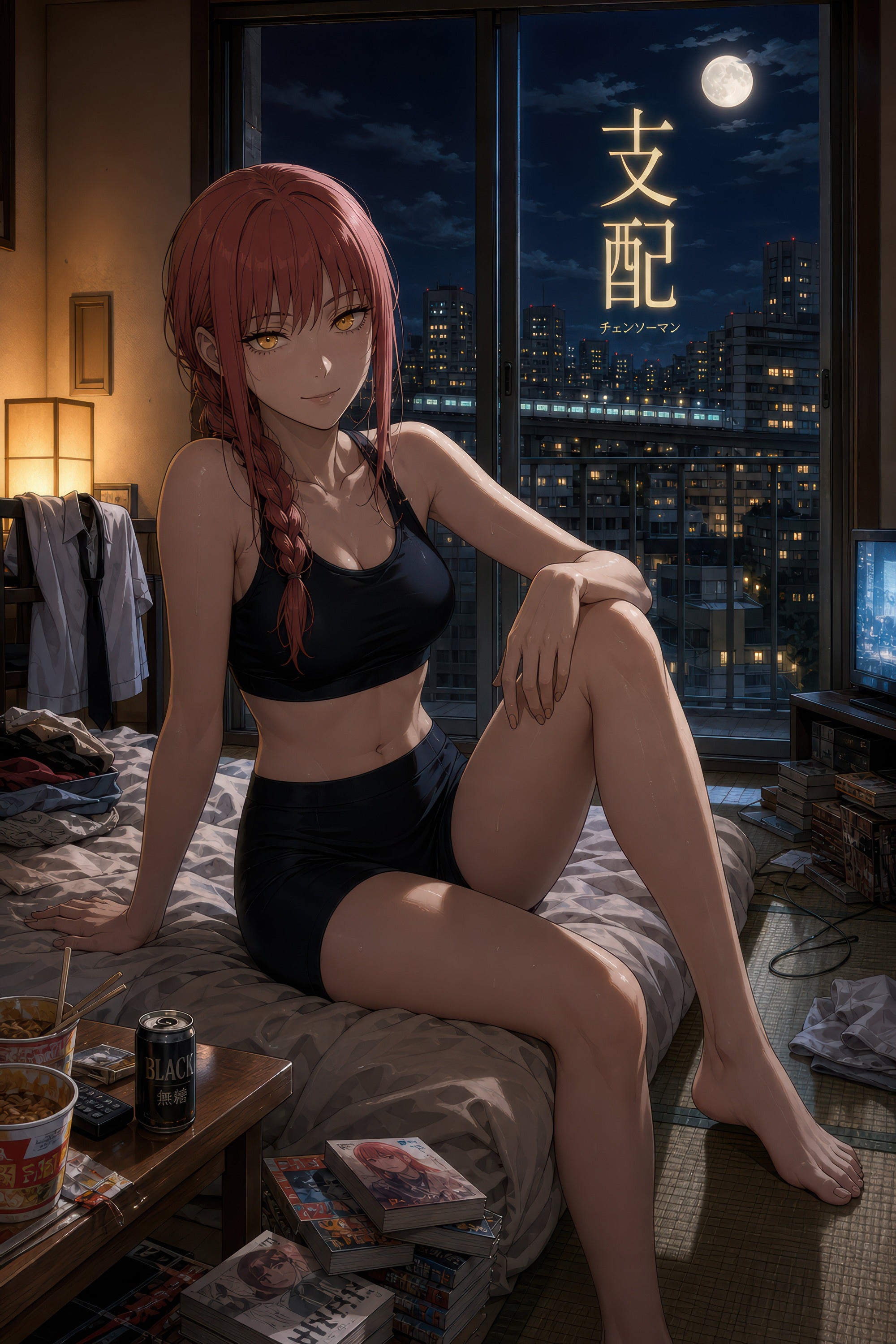 Makima Chainsaw Man Anime Poster Moonlit Apartment Night Art Print
