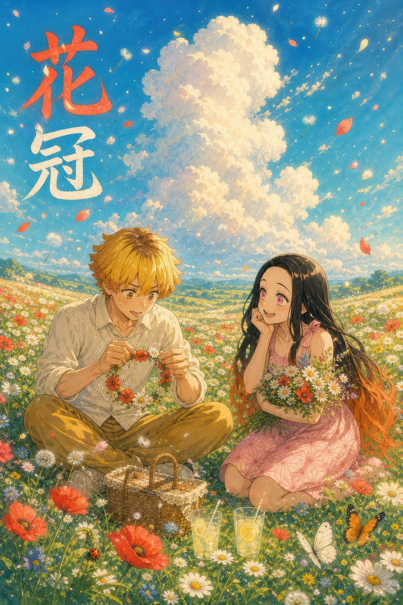 Demon Slayer Zenitsu Nezuko Dreamy Flower Crown Anime Poster