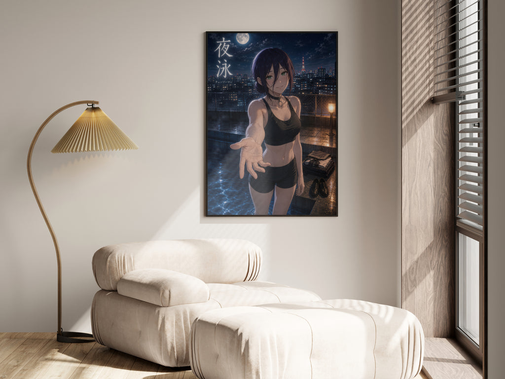 Reze Night Swim Chainsaw Man Anime Poster Moonlit City Pool Art Print