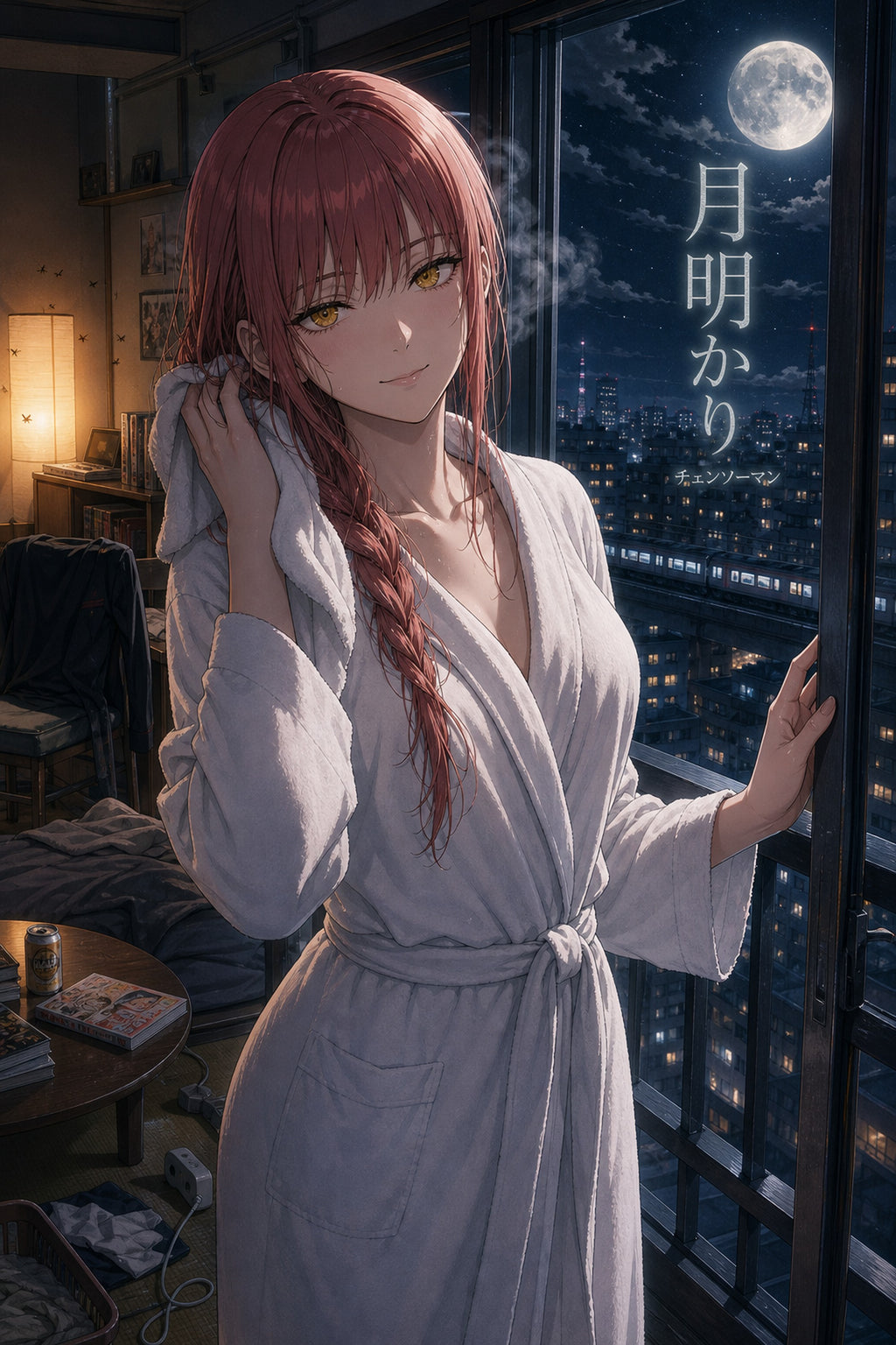 Makima Moonlight Bath Chainsaw Man Anime Poster Night Bathroom Art Print