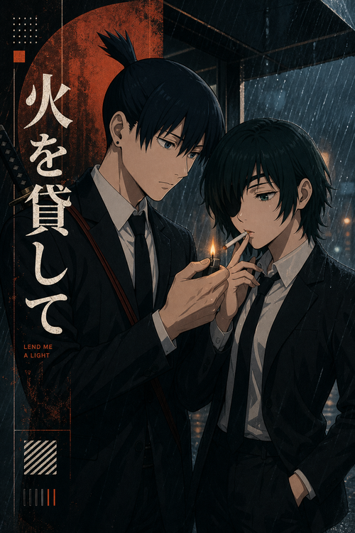 HEDESYNS90:chainsaw-man-aki-himeno-lighter-awning-rainy-noir-relationship-poster-gpt-image-2-pixazo-medium-v01:original