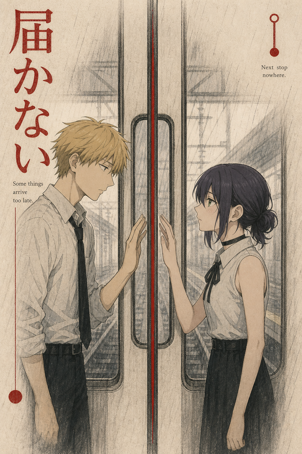 HEDESYNS90:chainsaw-man-denji-reze-closing-train-doors-bittersweet-monochrome-railway-newsprint-poster-gpt-image-2-pixazo-medium-v01:original