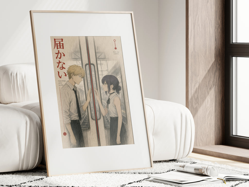 HEDESYNS90:chainsaw-man-denji-reze-closing-train-doors-bittersweet-monochrome-railway-newsprint-poster-gpt-image-2-pixazo-medium-v01:i01462