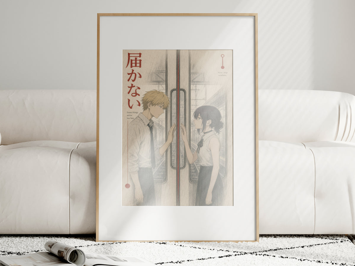 HEDESYNS90:chainsaw-man-denji-reze-closing-train-doors-bittersweet-monochrome-railway-newsprint-poster-gpt-image-2-pixazo-medium-v01:i01463