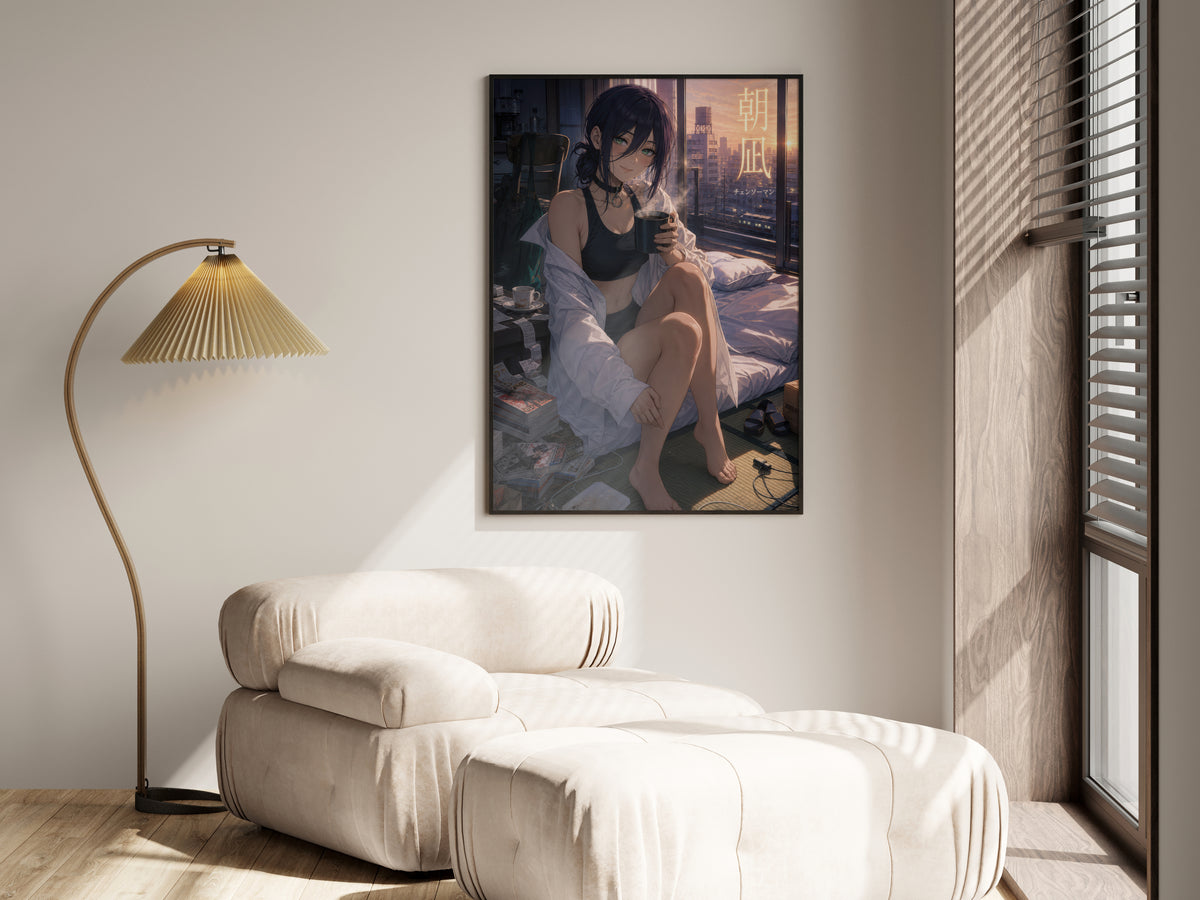 Reze Morning Coffee Chainsaw Man Anime Poster Dawn Apartment Art Print