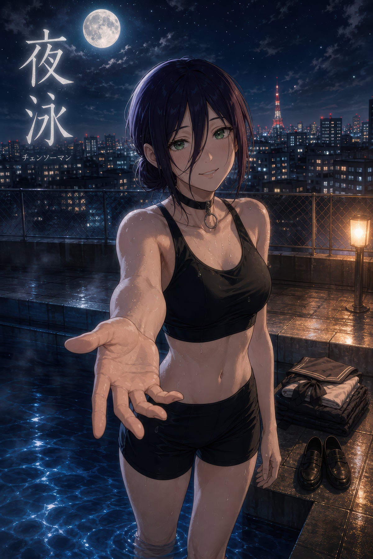 Reze Night Swim Chainsaw Man Anime Poster Moonlit City Pool Art Print