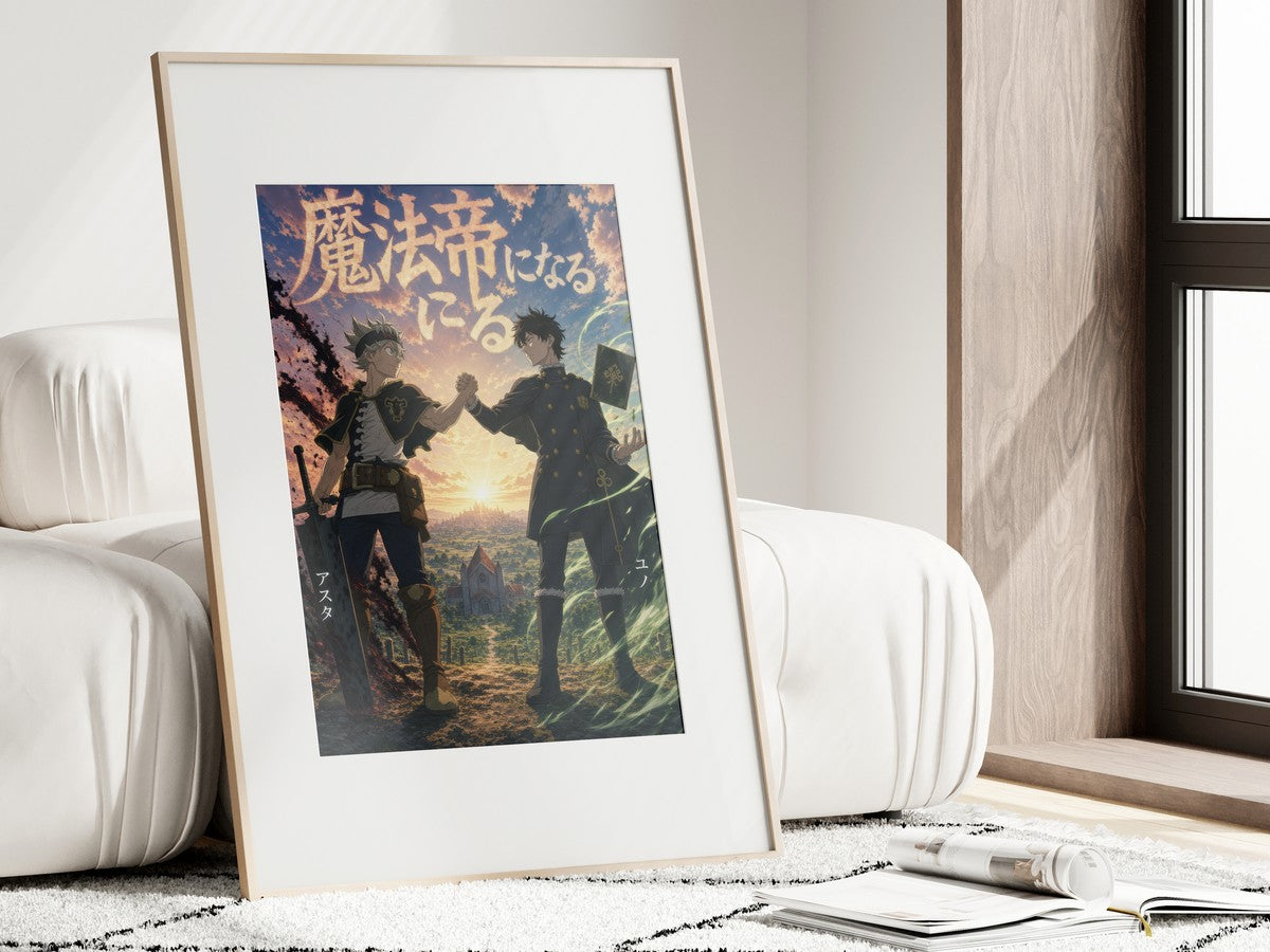 Framed poster above a desk