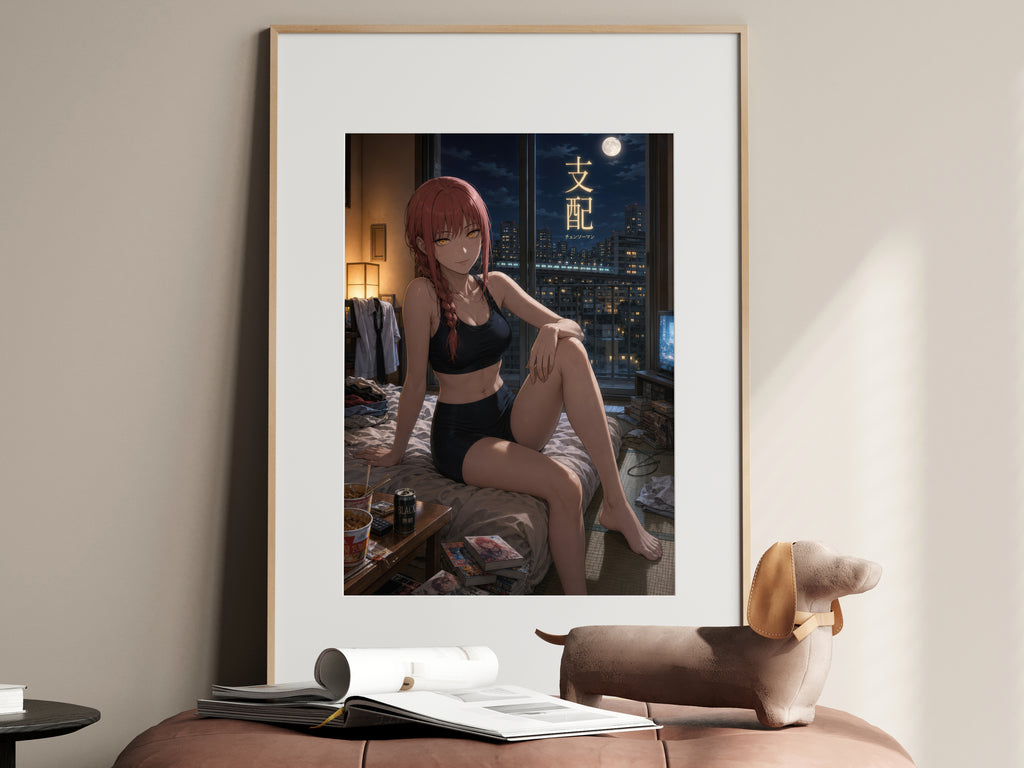 Makima Chainsaw Man Anime Poster Moonlit Apartment Night Art Print
