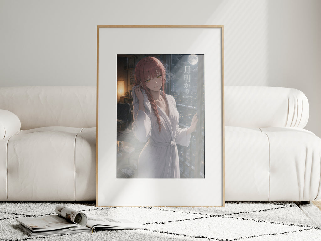 Makima Moonlight Bath Chainsaw Man Anime Poster Night Bathroom Art Print
